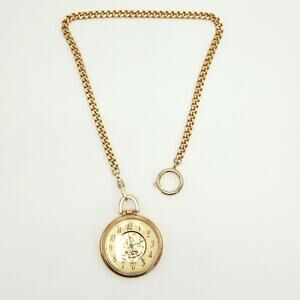 Vintage Medana Gold Tone Skeleton Pocket Watch 41mm 12" Chain with New Battery